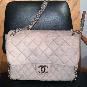 Grey brushed leather chain around maxi flap bag CHANEL authentic - full set.